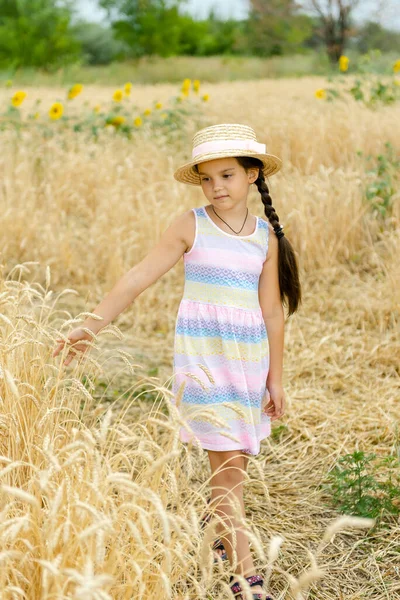 Uma Menina Chapéu Palha Verão Caminha Campo Trigo Acaricia Espigas — Fotografia de Stock