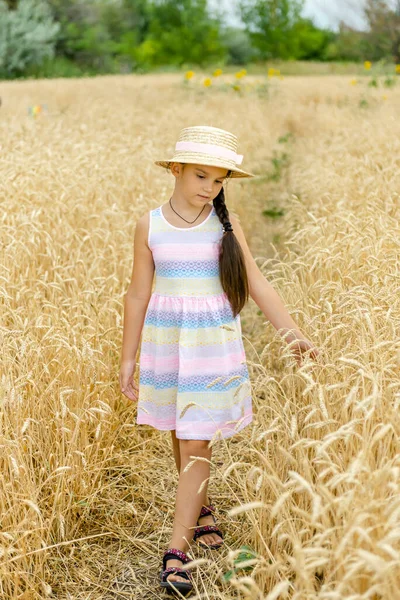 一个戴着草帽的小女孩走在麦田上 用手抚摩麦穗 — 图库照片