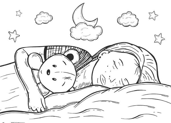 Little Girl Sleeps Hugs Teddy Bear Vector Graphics Hand Drawing — Stock Vector