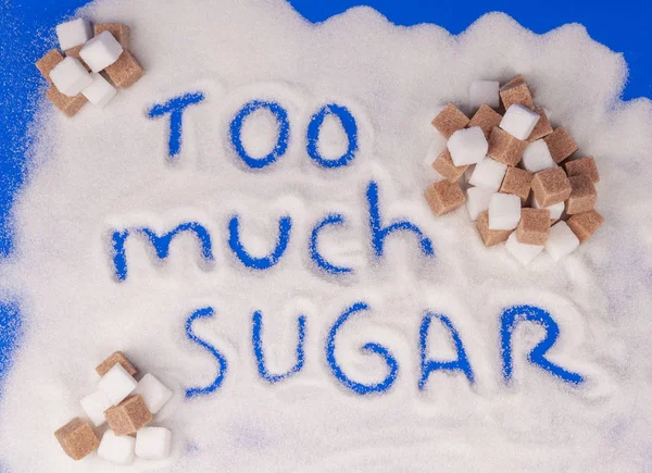 Слово Слишком Много Сахара Написано Сахарных Зернах — стоковое фото