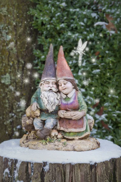 Gnome paar knuffelen op boom stomp met sneeuwvlok fairy — Stockfoto