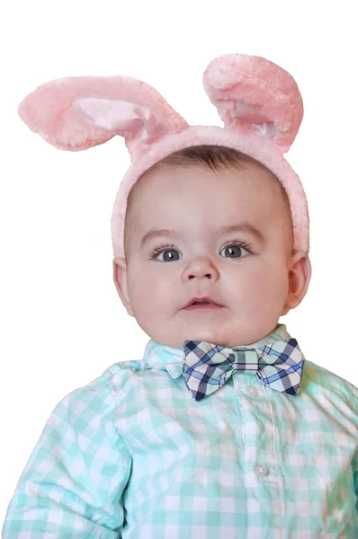 Closeup of baby boy with rabbit ears and bow tie on isolated background — Stock Photo, Image