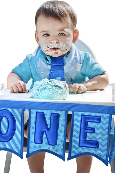 男孩一周岁生日的脸上砸蛋糕 — 图库照片