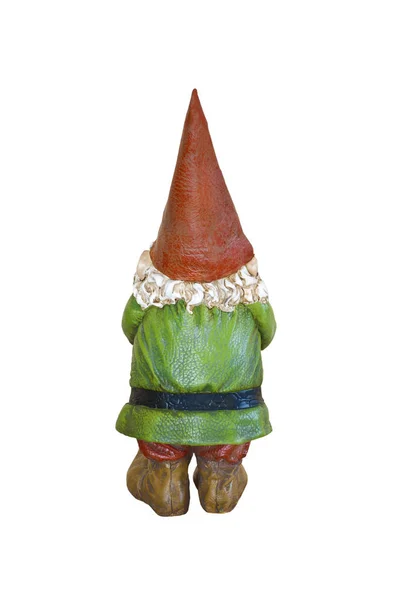 在绿色西装的侏儒和红色尖帽子在背面视图 Gnome 背面与红尖帽子没有背景 — 图库照片
