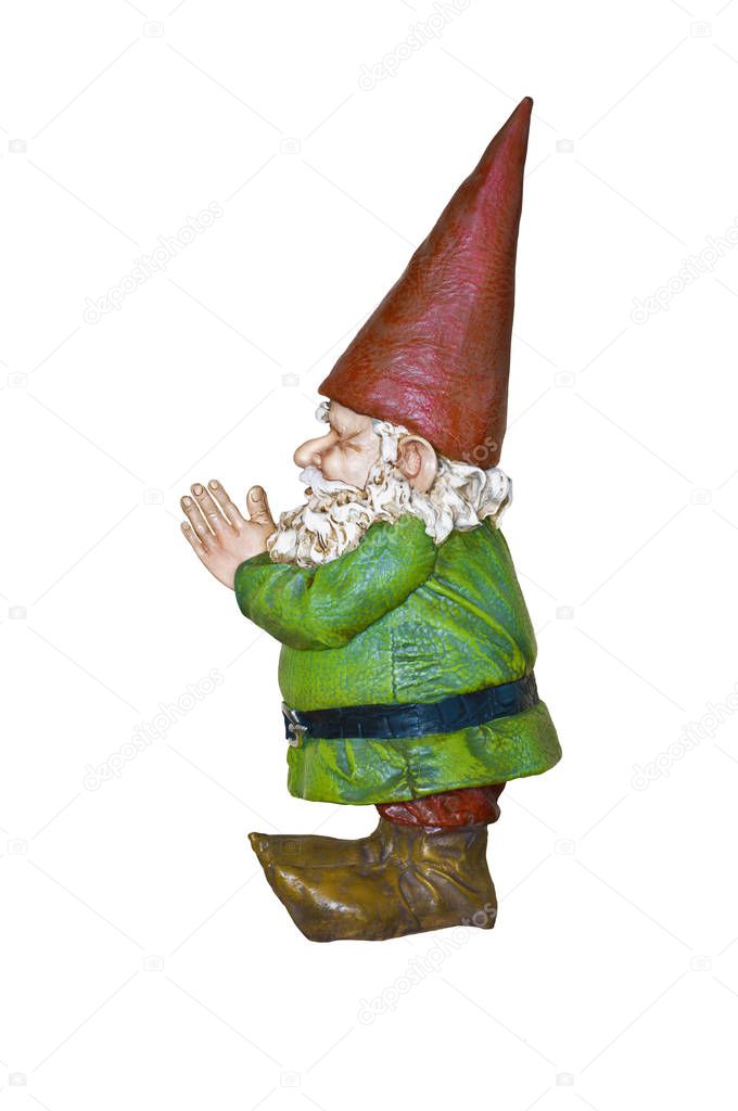 Gnome with red hat and green suit in side profile view/Gnome in green suit and red pointed hat in side view with hands together