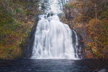 Altın sonbahar renkleri olan Young 's River Park, Oregon' da yumuşak odaklı şelale.