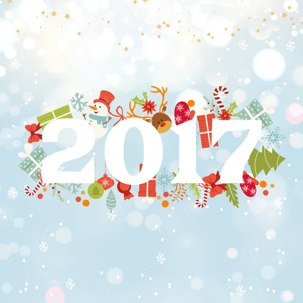 Merry Christmas gratulationskort. Jul. Julgran grenar i ram, jul snöflingor på ljus blå bakgrund med gnistrar. — Stock vektor