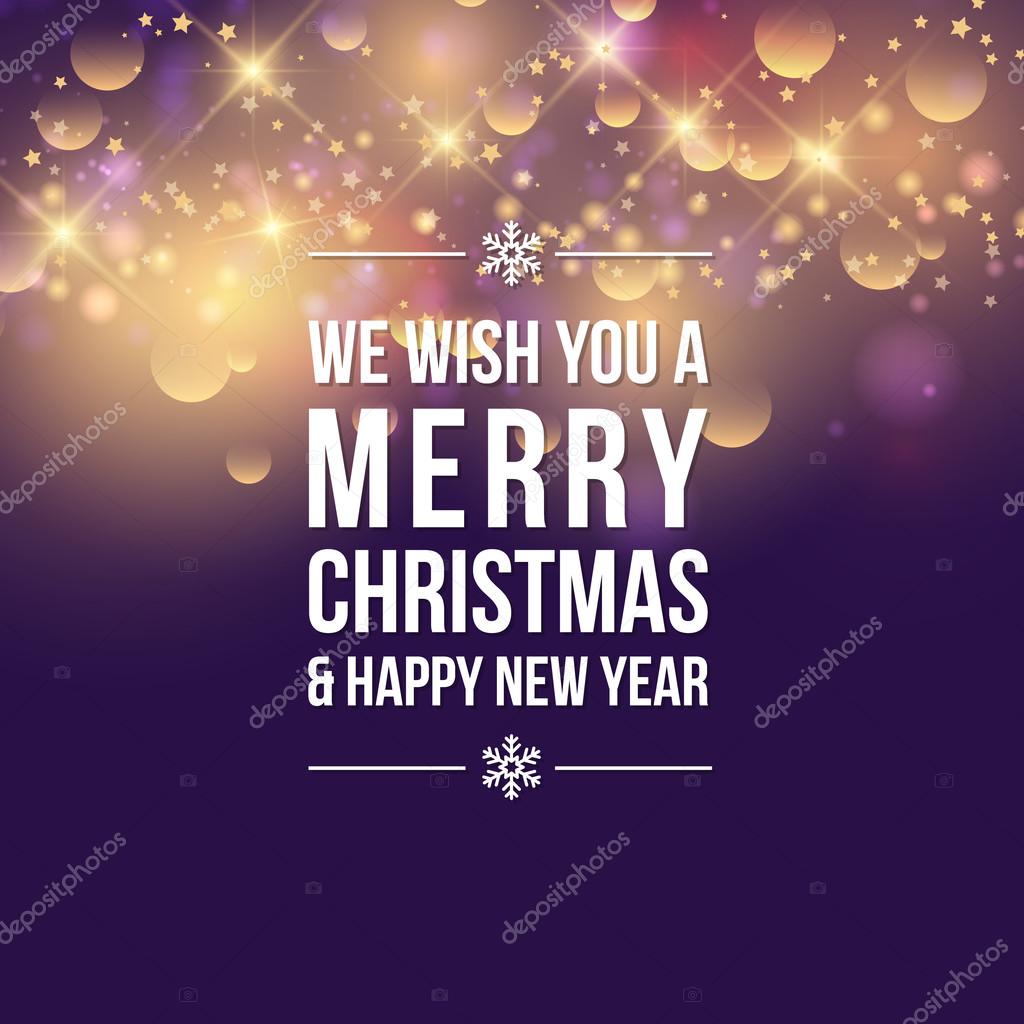 Happy new year and merry christmas card greeting card on purple background with gold sparkles —