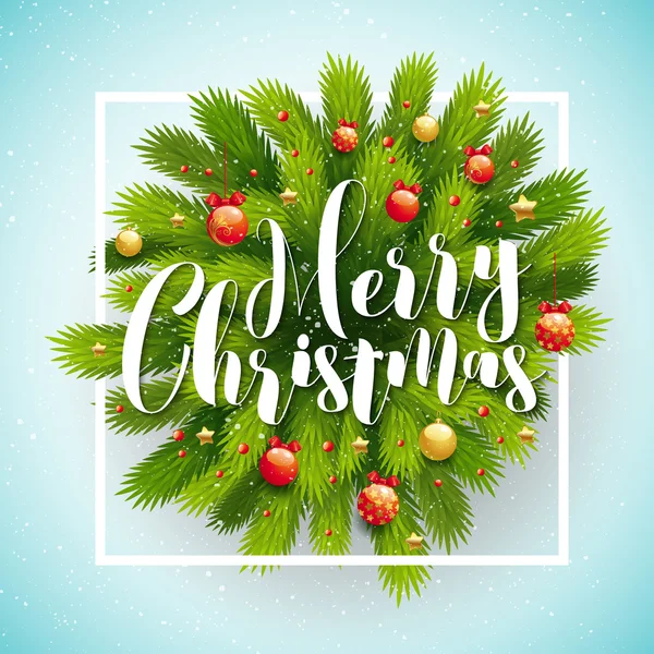 Вітальна листівка з Різдвом. Різдво. Гілки ялинки в рамці, різдвяні сніжинки на світло-блакитному фоні з блискітками . — стоковий вектор