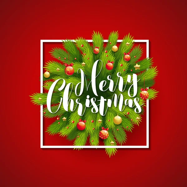 Feliz cartão de felicitações de Natal. No Natal. Árvore de Natal ramos no quadro, flocos de neve de Natal no fundo vermelho com brilhos . — Vetor de Stock