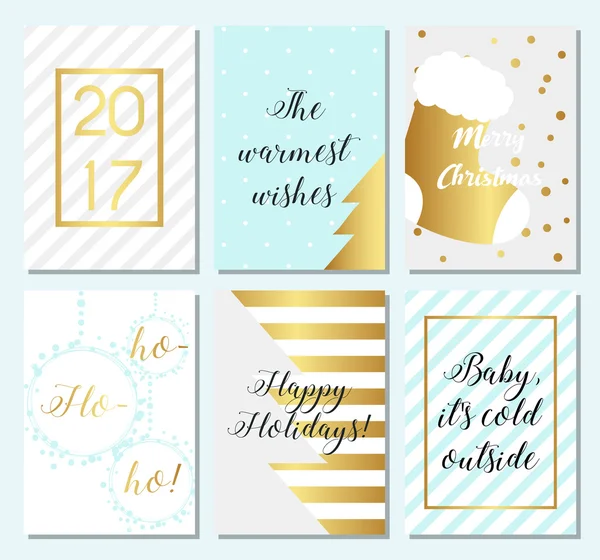 Colección de 6 plantillas de tarjetas navideñas. Carteles de Navidad engastados con oro, azul, color blanco, diseño elegante — Vector de stock