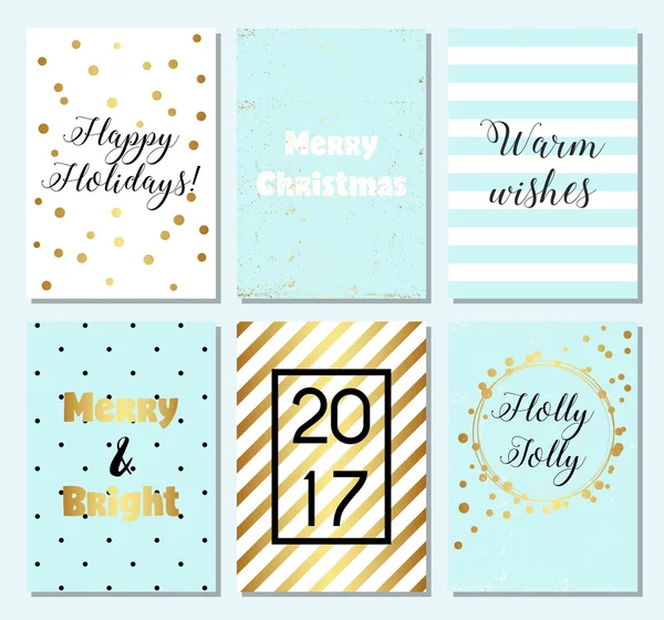 6 Noel kartı şablonları koleksiyonu. Noel posterler altın, mavi, beyaz renk, şık tasarımı ile ayarla — Stok Vektör