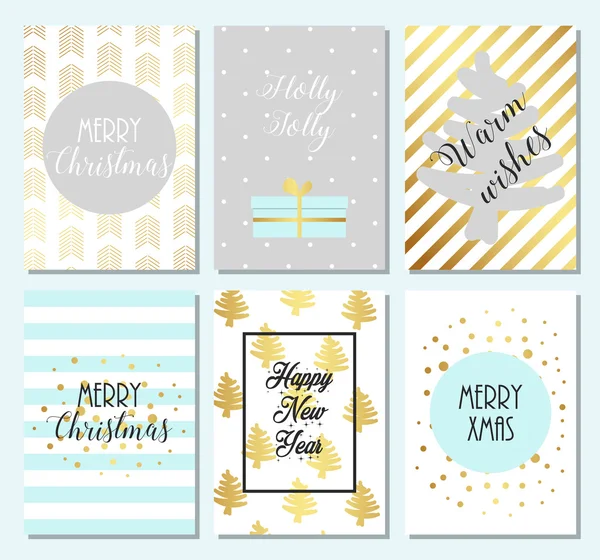 Colección de 6 plantillas de tarjetas navideñas. Carteles de Navidad engastados con oro, azul, color blanco, diseño elegante — Vector de stock