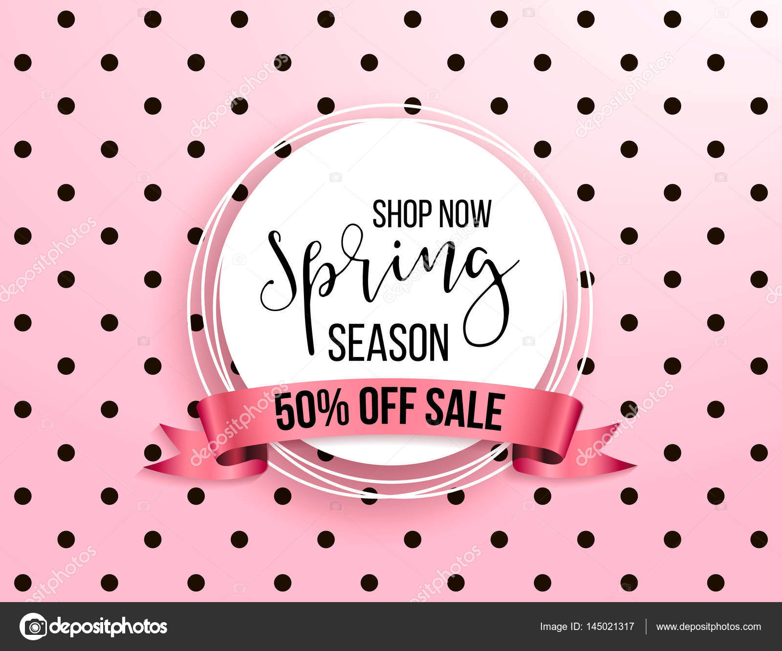 Spring season sale offer, banner template. Pink ribbon ...
