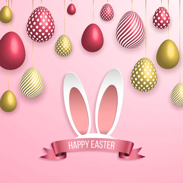 Happy easter template with gold ribbon and eggs, frame, green background and gold confetti. Vector illustration. — Stock Vector