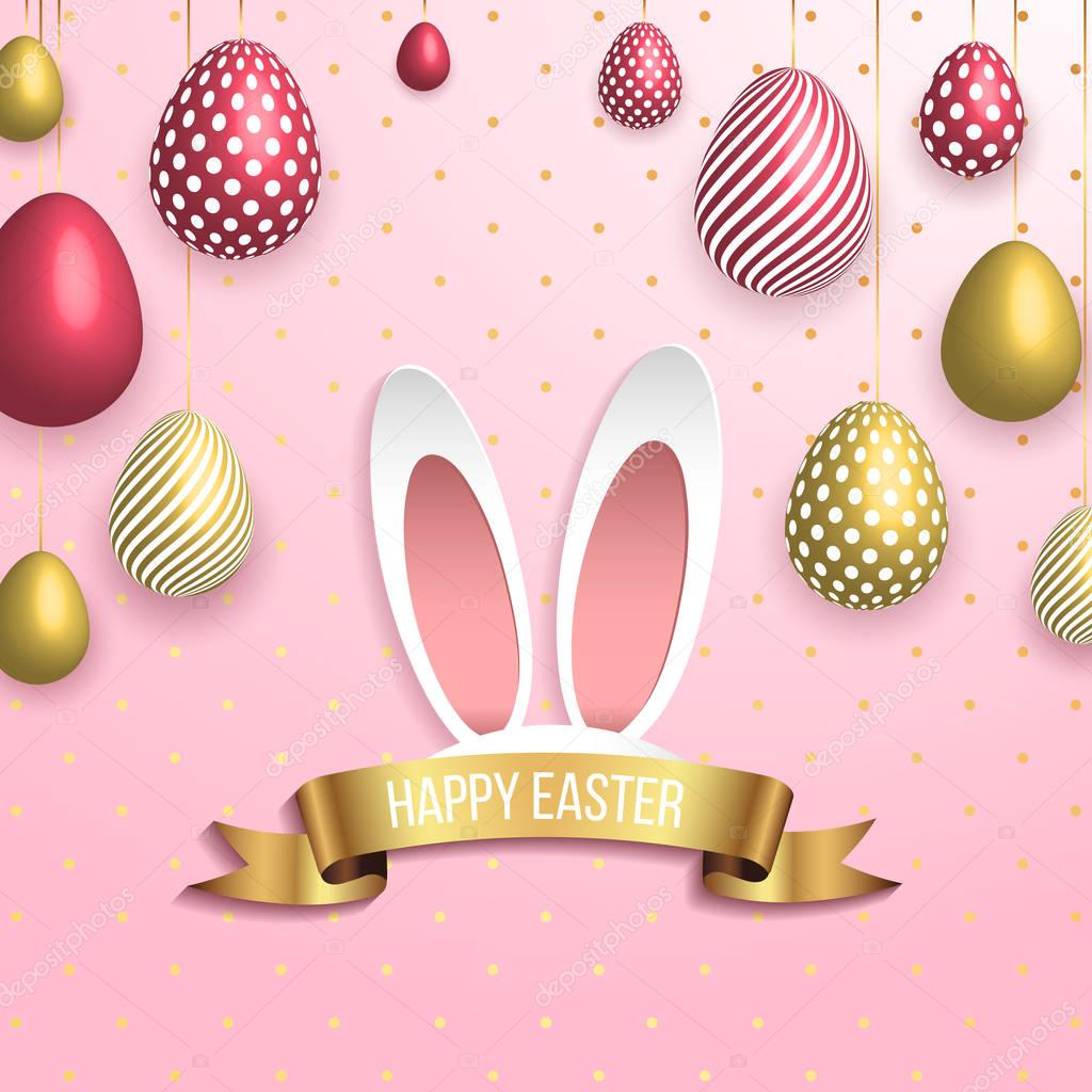 Happy easter template with gold ribbon and eggs, bunny ears, dotted green background. Vector illustration.