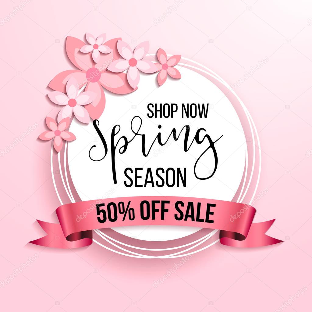Spring season sale offer, banner template. Pink ribbon with lettering, isolated on pink dotted background. Feminine sale tag. Shop market poster design. 