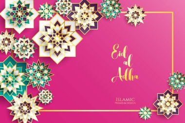 1439 Hicri İslam yeni yıl. Mutlu Muharrem. Müslüman topluluk festival Eid al ul Adha mübarek tebrik kartı 3d kağıt çiçek, yıldız, ay ile. Menü, davet, poster, afiş, kart için şablon.