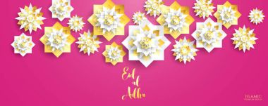 1439 Hicri İslam yeni yıl. Mutlu Muharrem. Müslüman topluluk festival Eid al ul Adha mübarek tebrik kartı 3d kağıt çiçek, yıldız, ay ile. Menü, davet, poster, afiş, kart için şablon.