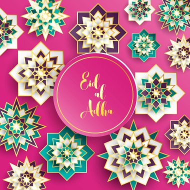 1439 hijri islamic new year. Happy Muharram. Muslim community festival Eid al ul Adha Mubarak greeting card with 3d paper flower, star, moon. Template for menu, invitation, poster, banner, card. clipart