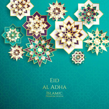 1439 Hicri İslam yeni yıl. Mutlu Muharrem. Müslüman topluluk festival Eid al ul Adha mübarek tebrik kartı 3d kağıt çiçek, yıldız, ay ile. Menü, davet, poster, afiş, kart için şablon.