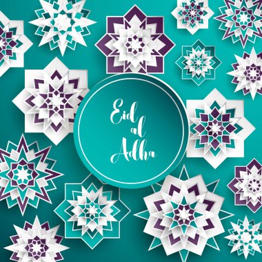 1439 Hicri İslam yeni yıl. Mutlu Muharrem. Müslüman topluluk festival Eid al ul Adha mübarek tebrik kartı 3d kağıt çiçek, yıldız, ay ile. Menü, davet, poster, afiş, kart için şablon.