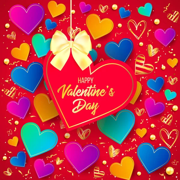 Fondo Del Día San Valentín Con Corazones Coloridos Con Marco — Vector de stock