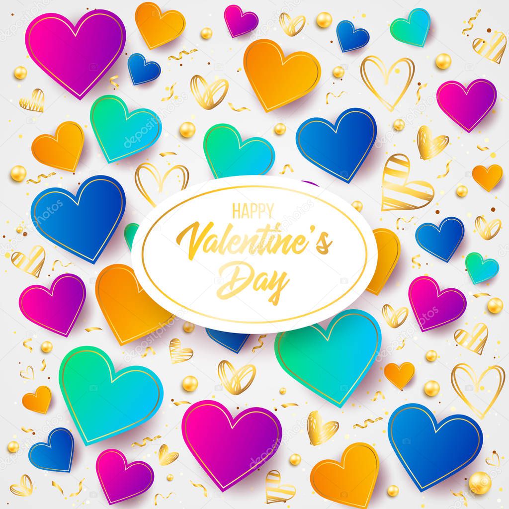 Saint valentine's day background with colorful hearts with frame. Happy valentines day and weeding design elements. Vector illustration. Pink Background With hearts. Doodles and curls. Be my valentine. 14 february.