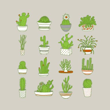 Simgeler kaktüsler ayarlayın. Stil el çizimi. Vektör çizim.