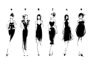 Kroki tarzı moda modelleri. Abiye koleksiyonu. Kadın vücut tipleri. Çizilmiş vektör çizim el