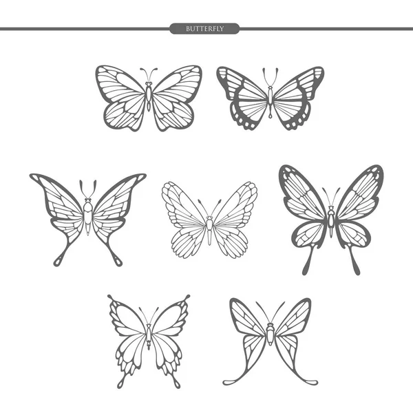 Set schwarze Schmetterlinge isolieren sich auf weißem Hintergrund. Handzeichnung. Vektorillustration. — Stockvektor