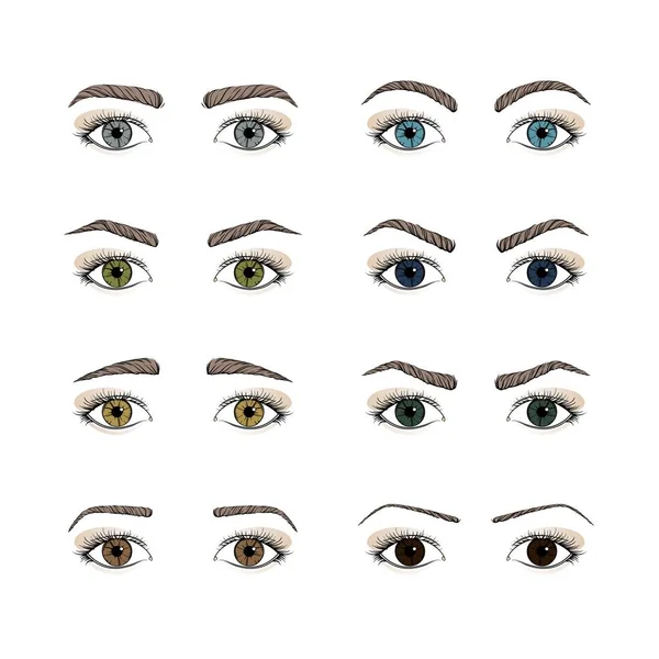 Olhos femininos. Olhos de íris dourados. Formas diferentes sobrancelhas. Desenho manual. Ilustração vetorial . — Vetor de Stock