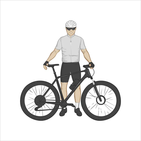 Mężczyzna stoi obok roweru. Rysunek dłoni. Ilustracja wektora. — Wektor stockowy
