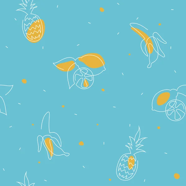 Sömlös mönster med frukter på en blå bakgrund. Hand ritning i linje stil. Vektorillustration. Vektorgrafik