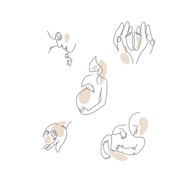 Satır biçiminde vektör illüstrasyonu. Annenin bebekli siluetleri.