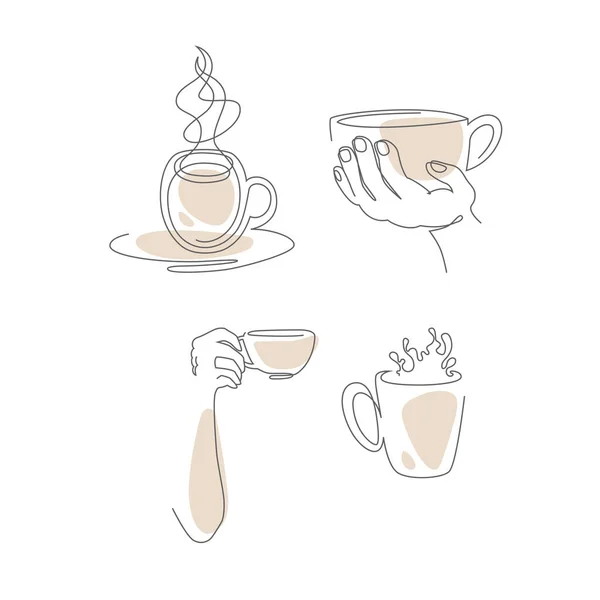 Vektorillustration im Linienstil. Set Tassen mit Tee und Kaffee. — Stockvektor