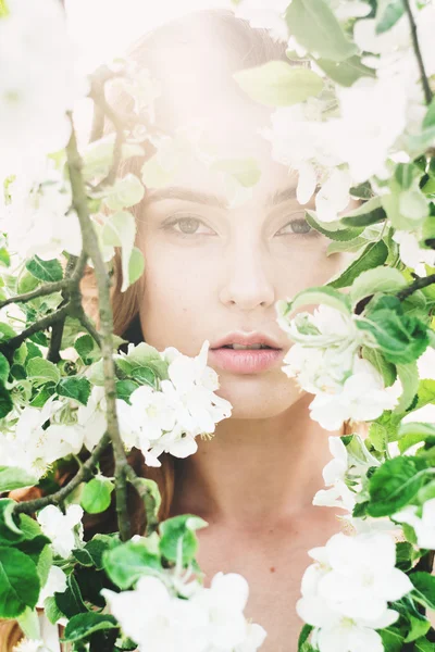 Elma ağaçları çiçekleri güzel romantik Bayan portresi — Stok fotoğraf