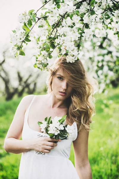 Portret van mooie romantische dame in appel bomen bloesem — Stockfoto