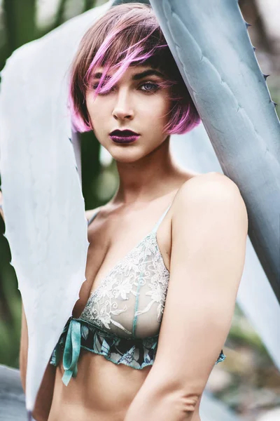 Belle jeune femme en sous-vêtements posant avec agave plante — Photo