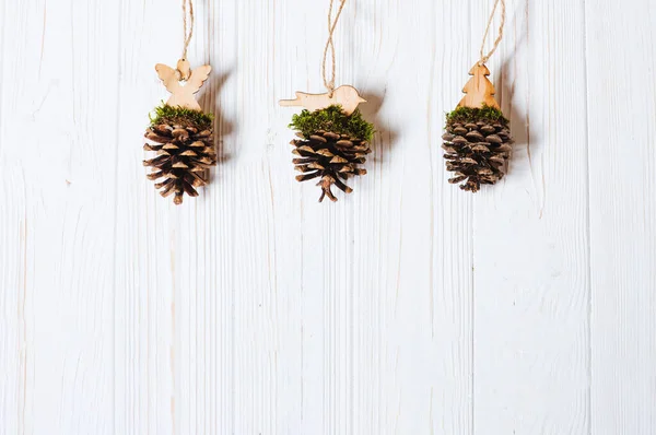 Background with copy space with handmade christmas tree toys. — Stock Photo, Image