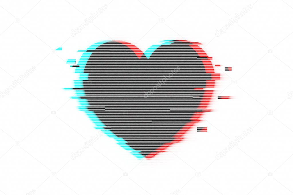 Heart with glitch effect on white background.