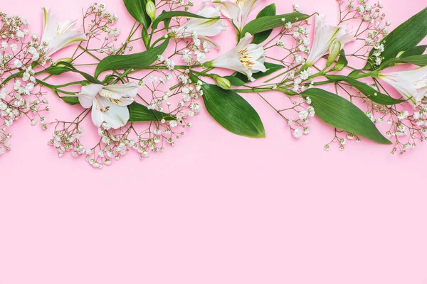 분홍색 배경에 하얀 꽃이 피어 있는 아름다운 봄 나뭇가지. — 스톡 사진