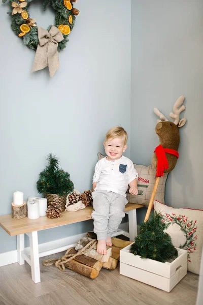 Młody chłopak bawi się zabawkami jelenia w Boże Narodzenie urządzony pokój — Zdjęcie stockowe