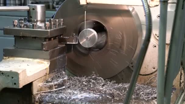 Metal blank machining process on lathe — Stock Video