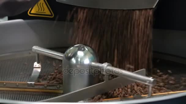 Смажені кавові зерна в кавоварці — стокове відео
