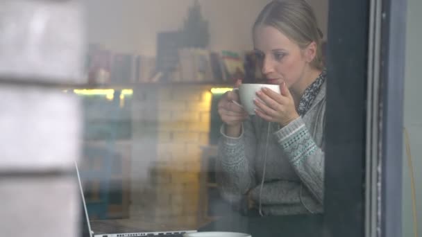 Νεαρή γυναίκα που εργάζεται σε ένα φορητό υπολογιστή σε ένα καφέ — Αρχείο Βίντεο