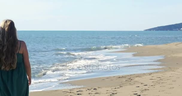 Папа мама и дочь прогуливаются по пляжу — стоковое видео