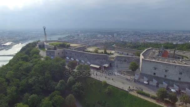 Flygfoto över Frihetstaty på Gellert hill i Budapest. — Stockvideo