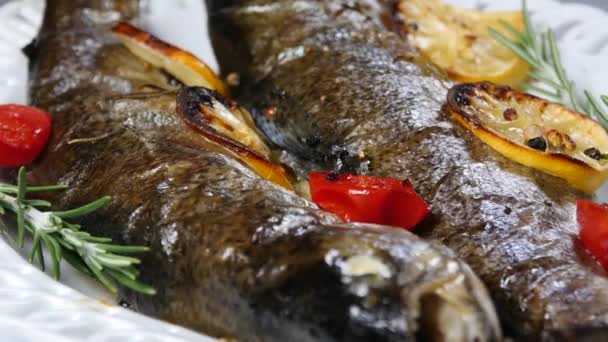 Köstlicher Forellenfisch gebacken mit Zitrone, Tomaten und Gewürzen — Stockvideo