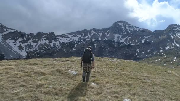 Caminante va a la cima y levanta los brazos en gesto de victoria — Vídeo de stock